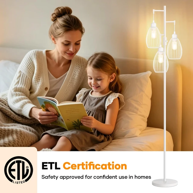 Alt view image 5 of 7 - Dimmable Floor Lamp, 3 x 800LM LED Edison Bulbs Included, Farmhouse Industrial Floor Lamp Standing Lamp with Elegant Teardrop Cage Head Tall Lamp for Living Room Bedroom Office Dining Room - White