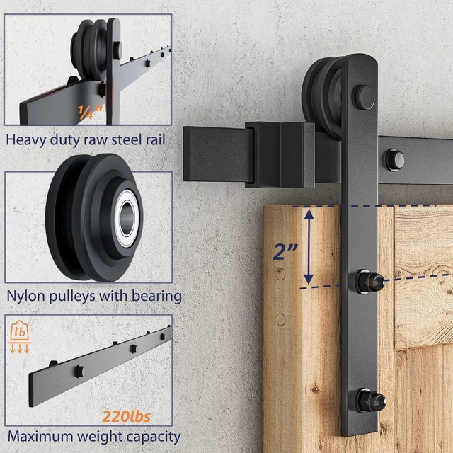 Alt view image 3 of 7 - 4 FT Heavy Duty Sturdy Sliding Barn Door Hardware Kit, Black (Whole Set Includes 1x Pull Handle Set & 1x Floor Guide) Fit 24" Wide Door Panel (I Shape Hanger)
