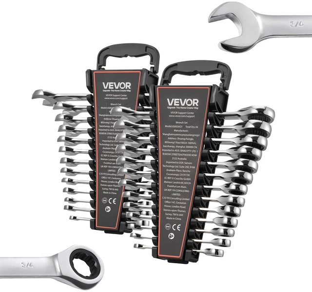Main image of Combination Wrench Set, 26-Piece SAE and Metric, 72 Teeth, Cr-V Steel Ratcheting Wrench Set, with Rack Organizer, Open End, Clear Size Labels, for General Household, Automotive Repairs, Silver