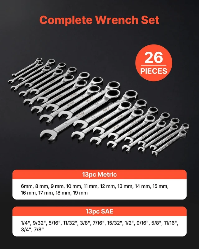 Alt view image 2 of 7 - Combination Wrench Set, 26-Piece SAE and Metric, 72 Teeth, Cr-V Steel Ratcheting Wrench Set, with Rack Organizer, Open End, Clear Size Labels, for General Household, Automotive Repairs, Silver