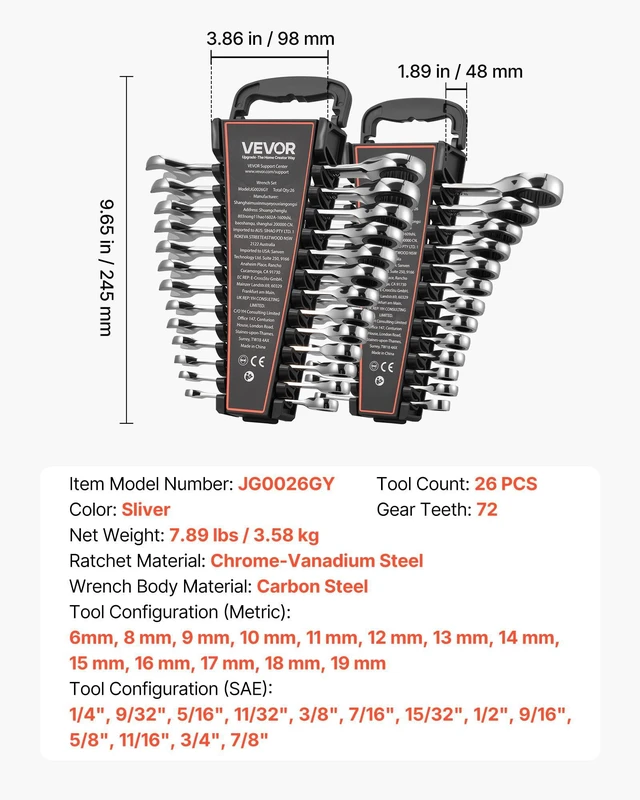 Alt view image 7 of 7 - Combination Wrench Set, 26-Piece SAE and Metric, 72 Teeth, Cr-V Steel Ratcheting Wrench Set, with Rack Organizer, Open End, Clear Size Labels, for General Household, Automotive Repairs, Silver