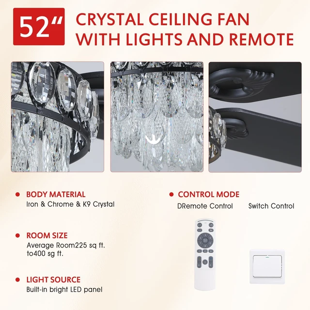 Alt view image 5 of 7 - Crystal Ceiling Fan Fandelier with Lights-Modern Ceiling Fan(52" Black) Crystal Ceiling Fans with Remote Control,Modern Ceiling Fan with Noiseless DC Reversible Motor,Dining Room,Living Room
