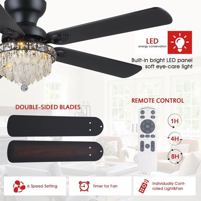 Alt view image 6 of 7 - Crystal Ceiling Fan Fandelier with Lights-Modern Ceiling Fan(52" Black) Crystal Ceiling Fans with Remote Control,Modern Ceiling Fan with Noiseless DC Reversible Motor,Dining Room,Living Room