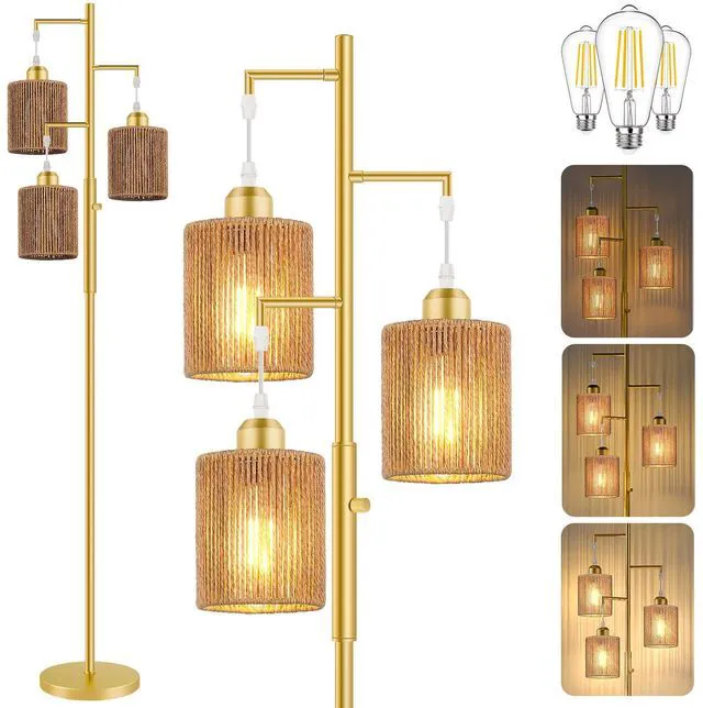 Main image of 72" Boho Rattan Tree Floor Lamp, Tall Dimmable Industrial Standing Lamp, Corner Decor Accent Lighting for Living Room, Bedroom, Dining Room, Nursery, Cafe (3 x 800LM Bulbs Included) - Gold