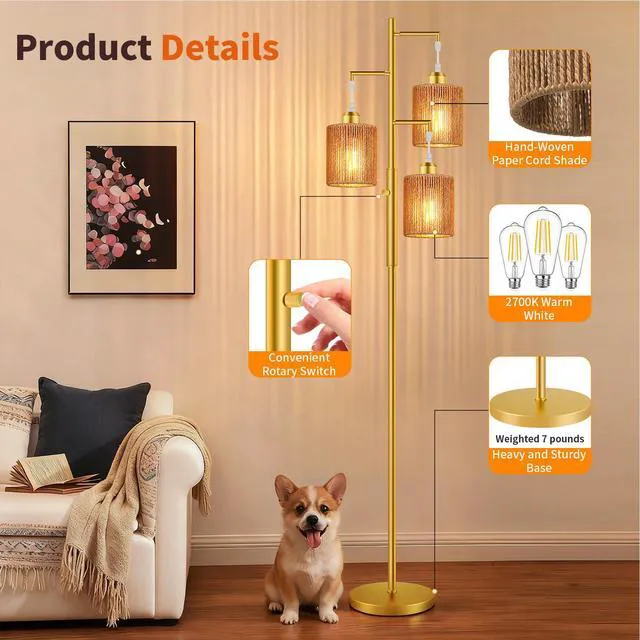 Alt view image 5 of 7 - 72" Boho Rattan Tree Floor Lamp, Tall Dimmable Industrial Standing Lamp, Corner Decor Accent Lighting for Living Room, Bedroom, Dining Room, Nursery, Cafe (3 x 800LM Bulbs Included) - Gold