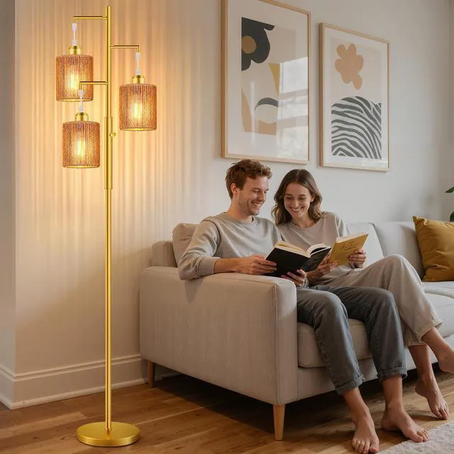 Alt view image 7 of 7 - 72" Boho Rattan Tree Floor Lamp, Tall Dimmable Industrial Standing Lamp, Corner Decor Accent Lighting for Living Room, Bedroom, Dining Room, Nursery, Cafe (3 x 800LM Bulbs Included) - Gold