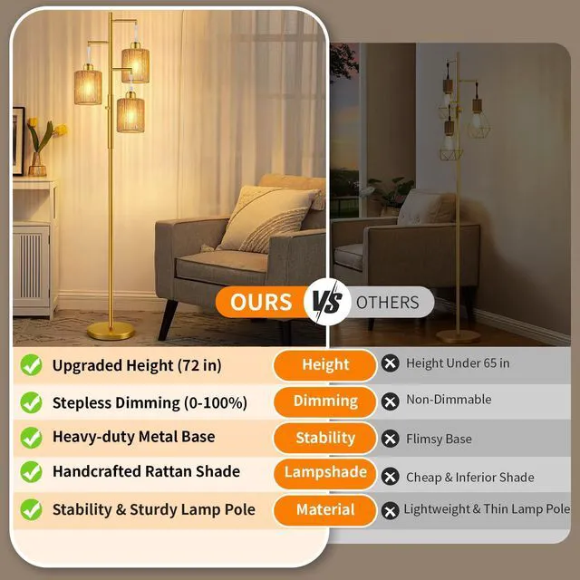 Alt view image 2 of 7 - 72" Boho Rattan Tree Floor Lamp, Tall Dimmable Industrial Standing Lamp, Corner Decor Accent Lighting for Living Room, Bedroom, Dining Room, Nursery, Cafe (3 x 800LM Bulbs Included) - Gold