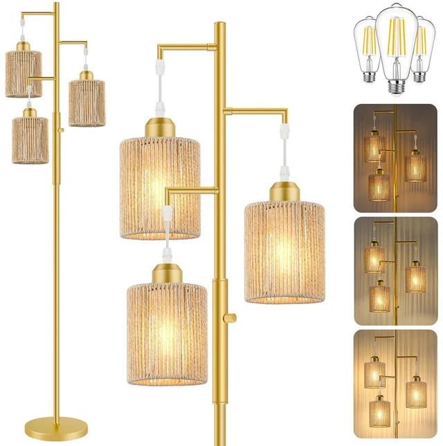 Main image of 72" Boho Rattan Tree Floor Lamp, Tall Dimmable Industrial Standing Lamp, Corner Decor Accent Lighting for Living Room, Bedroom, Dining Room, Nursery, Cafe (3 x 800LM Bulbs Included) - Gold