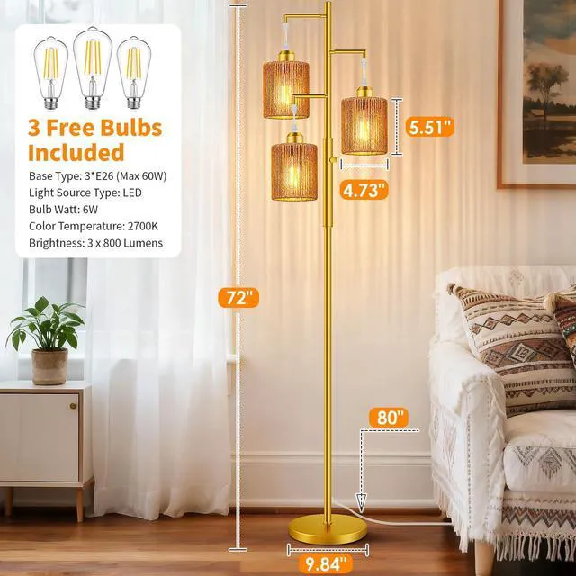 Alt view image 6 of 7 - 72" Boho Rattan Tree Floor Lamp, Tall Dimmable Industrial Standing Lamp, Corner Decor Accent Lighting for Living Room, Bedroom, Dining Room, Nursery, Cafe (3 x 800LM Bulbs Included) - Gold