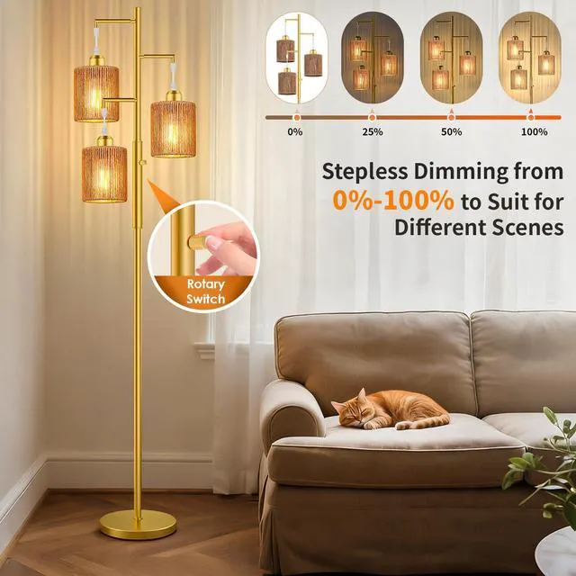 Alt view image 4 of 7 - 72" Boho Rattan Tree Floor Lamp, Tall Dimmable Industrial Standing Lamp, Corner Decor Accent Lighting for Living Room, Bedroom, Dining Room, Nursery, Cafe (3 x 800LM Bulbs Included) - Gold
