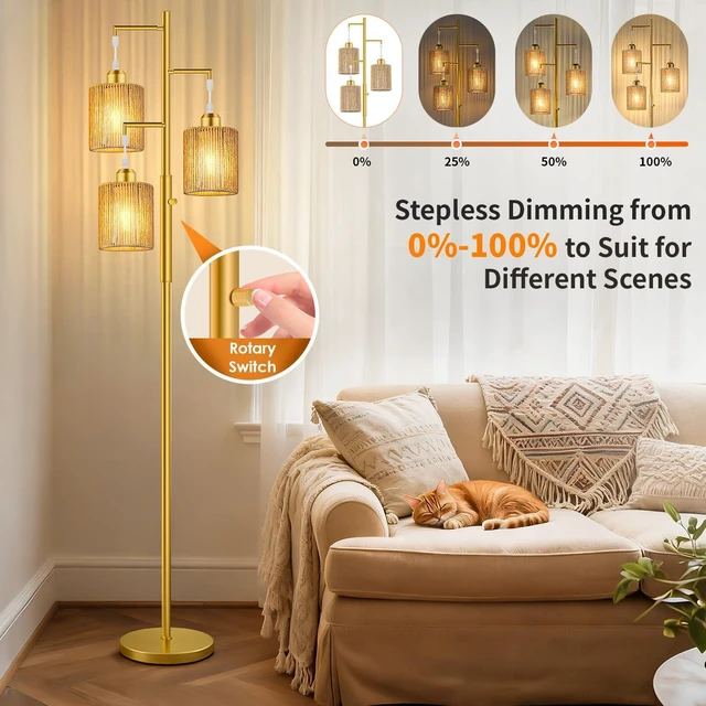 Alt view image 4 of 7 - 72" Boho Rattan Tree Floor Lamp, Tall Dimmable Industrial Standing Lamp, Corner Decor Accent Lighting for Living Room, Bedroom, Dining Room, Nursery, Cafe (3 x 800LM Bulbs Included) - Gold