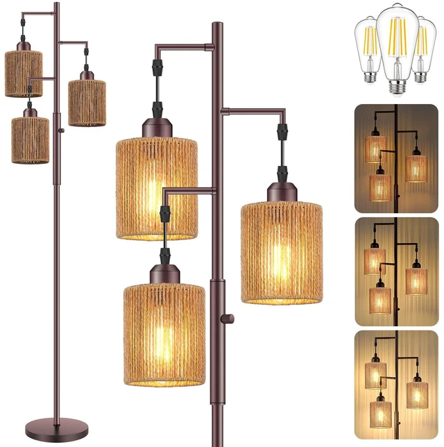 Main image of 72" Boho Rattan Tree Floor Lamp, Tall Dimmable Industrial Standing Lamp, Corner Decor Accent Lighting for Living Room, Bedroom, Dining Room, Nursery, Cafe (3 x 800LM Bulbs Included) - Brown