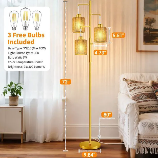 Alt view image 6 of 7 - 72" Boho Rattan Tree Floor Lamp, Tall Dimmable Industrial Standing Lamp, Corner Decor Accent Lighting for Living Room, Bedroom, Dining Room, Nursery, Cafe (3 x 800LM Bulbs Included) - Gold