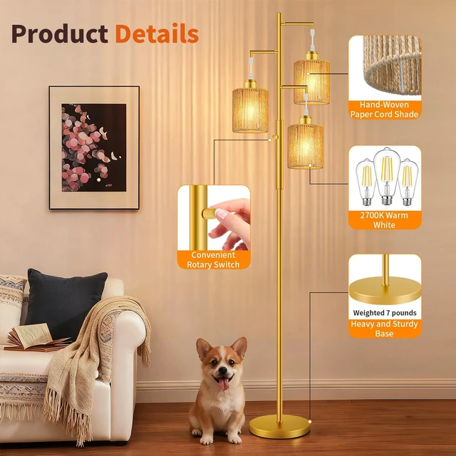 Alt view image 5 of 7 - 72" Boho Rattan Tree Floor Lamp, Tall Dimmable Industrial Standing Lamp, Corner Decor Accent Lighting for Living Room, Bedroom, Dining Room, Nursery, Cafe (3 x 800LM Bulbs Included) - Gold