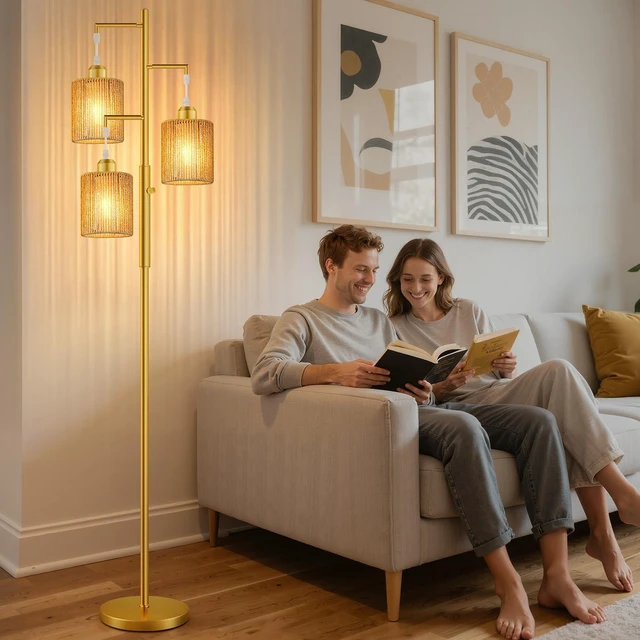 Alt view image 7 of 7 - 72" Boho Rattan Tree Floor Lamp, Tall Dimmable Industrial Standing Lamp, Corner Decor Accent Lighting for Living Room, Bedroom, Dining Room, Nursery, Cafe (3 x 800LM Bulbs Included) - Gold