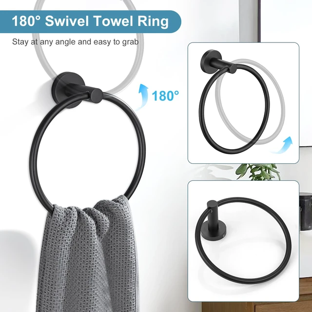 Alt view image 2 of 7 - Matte Black Bathroom Hardware Accessories Set 10-Pieces, Premium SUS304 Stainless Steel Bathroom Towel Bar Holder Set 23.6 Inch Round Towel Racks for Bathroom Wall Mounted