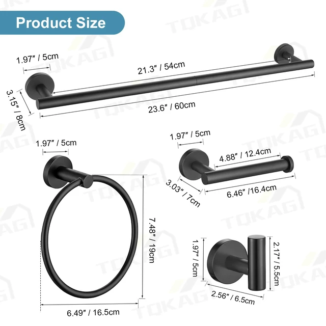 Alt view image 6 of 7 - Matte Black Bathroom Hardware Accessories Set 10-Pieces, Premium SUS304 Stainless Steel Bathroom Towel Bar Holder Set 23.6 Inch Round Towel Racks for Bathroom Wall Mounted