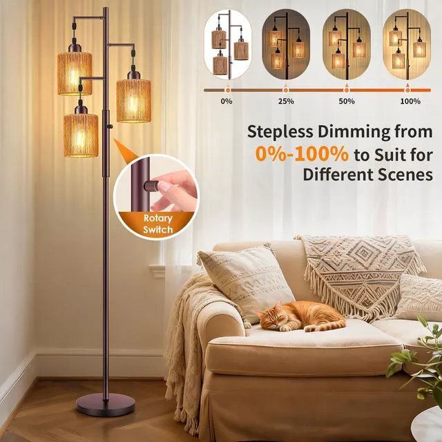 Alt view image 4 of 7 - 72" Boho Rattan Tree Floor Lamp, Tall Dimmable Industrial Standing Lamp, Corner Decor Accent Lighting for Living Room, Bedroom, Dining Room, Nursery, Cafe (3 x 800LM Bulbs Included) - Brown