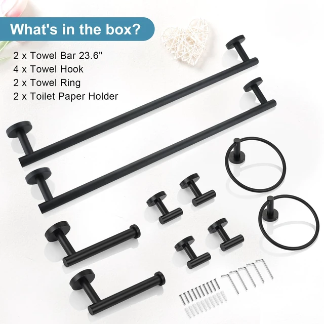 Alt view image 7 of 7 - Matte Black Bathroom Hardware Accessories Set 10-Pieces, Premium SUS304 Stainless Steel Bathroom Towel Bar Holder Set 23.6 Inch Round Towel Racks for Bathroom Wall Mounted