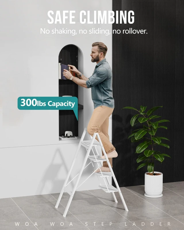 Alt view image 3 of 7 - 4 Step Ladder, Foldable Step Stool, 300lbs Load, White Folded 43''H x 2''T; Net 9.9 lbs; Rigid Aluminum Steps; No Assembly; For Home, Kitchen, Office, Pantry, Closets, Cabinets