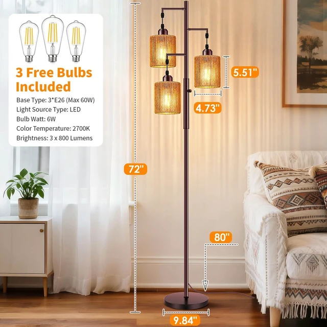 Alt view image 6 of 7 - 72" Boho Rattan Tree Floor Lamp, Tall Dimmable Industrial Standing Lamp, Corner Decor Accent Lighting for Living Room, Bedroom, Dining Room, Nursery, Cafe (3 x 800LM Bulbs Included) - Brown