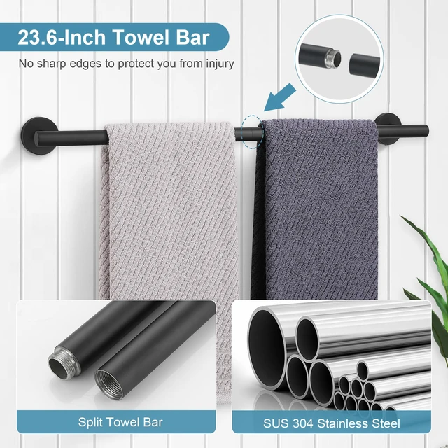 Alt view image 3 of 7 - Matte Black Bathroom Hardware Accessories Set 10-Pieces, Premium SUS304 Stainless Steel Bathroom Towel Bar Holder Set 23.6 Inch Round Towel Racks for Bathroom Wall Mounted