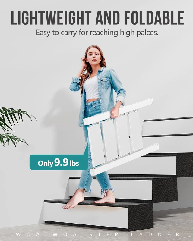 Alt view image 2 of 7 - 4 Step Ladder, Foldable Step Stool, 300lbs Load, White Folded 43''H x 2''T; Net 9.9 lbs; Rigid Aluminum Steps; No Assembly; For Home, Kitchen, Office, Pantry, Closets, Cabinets