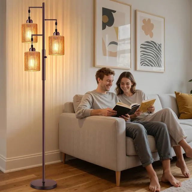 Alt view image 7 of 7 - 72" Boho Rattan Tree Floor Lamp, Tall Dimmable Industrial Standing Lamp, Corner Decor Accent Lighting for Living Room, Bedroom, Dining Room, Nursery, Cafe (3 x 800LM Bulbs Included) - Brown