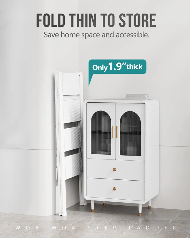 Alt view image 5 of 7 - 4 Step Ladder, Foldable Step Stool, 300lbs Load, White Folded 43''H x 2''T; Net 9.9 lbs; Rigid Aluminum Steps; No Assembly; For Home, Kitchen, Office, Pantry, Closets, Cabinets