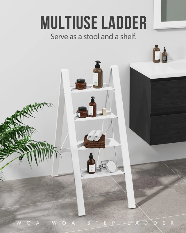 Alt view image 7 of 7 - 4 Step Ladder, Foldable Step Stool, 300lbs Load, White Folded 43''H x 2''T; Net 9.9 lbs; Rigid Aluminum Steps; No Assembly; For Home, Kitchen, Office, Pantry, Closets, Cabinets