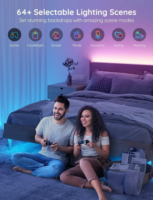 Alt view image 3 of 7 - Smart RGB LED Strip Lights 100ft, Work with Alexa Google Assistant APP WiFi Control, 16 Million Colors, 64 Scene Modes, Music Sync, LED Lights for Bedroom, Kitchen, Home Decor, 2 Rolls of 50ft