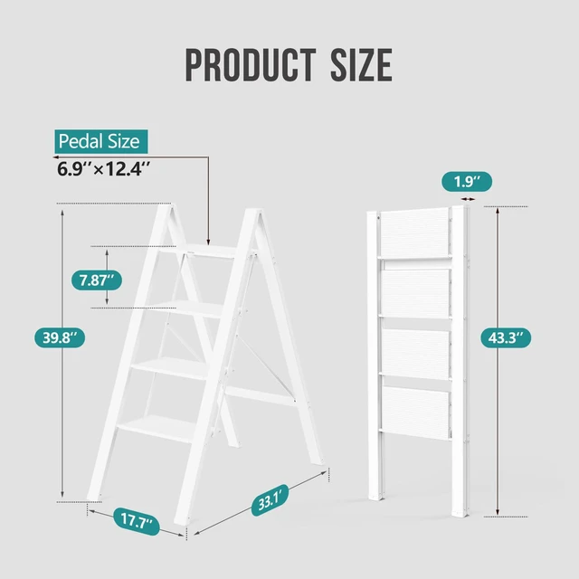 Alt view image 6 of 7 - 4 Step Ladder, Foldable Step Stool, 300lbs Load, White Folded 43''H x 2''T; Net 9.9 lbs; Rigid Aluminum Steps; No Assembly; For Home, Kitchen, Office, Pantry, Closets, Cabinets