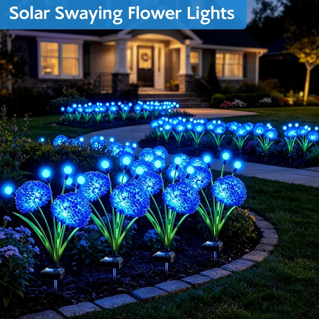 Alt view image 5 of 7 - Solar Garden Lights, 8 Pack Blue Solar Swaying Firefly Lights With Flowers, Waterproof Blue Flowers Light Outdoor for Garden Patio Yard Pathway Fall Decoration, Gifts for Women Mother's Day