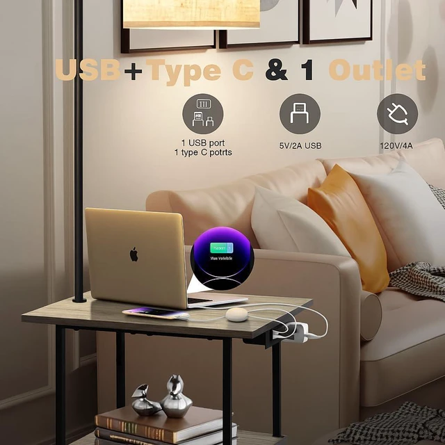 Alt view image 2 of 5 - Floor Lamp with Table, End Tables with Charging Station USB, Type-C & AC Outlet; 3 Color Temperatures 9W LED Bulb, Modern Side Table with 3 Shelves for Living Room, Bedroom