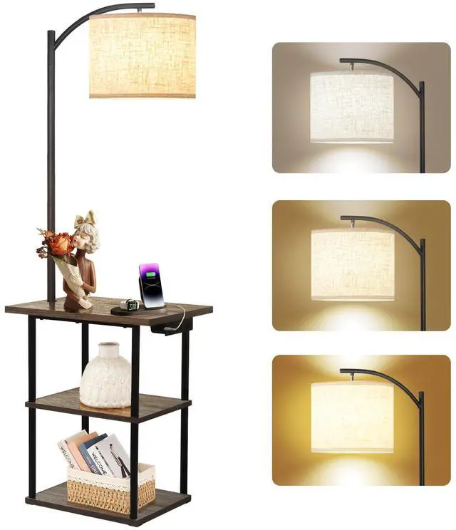 Main image of Floor Lamp with Table, End Tables with Charging Station USB, Type-C & AC Outlet; 3 Color Temperatures 9W LED Bulb, Modern Side Table with 3 Shelves for Living Room, Bedroom