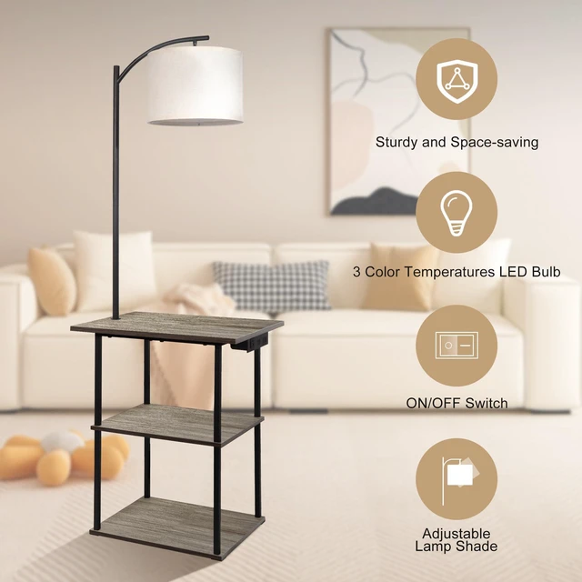 Alt view image 3 of 5 - Floor Lamp with Table, End Tables with Charging Station USB, Type-C & AC Outlet; 3 Color Temperatures 9W LED Bulb, Modern Side Table with 3 Shelves for Living Room, Bedroom