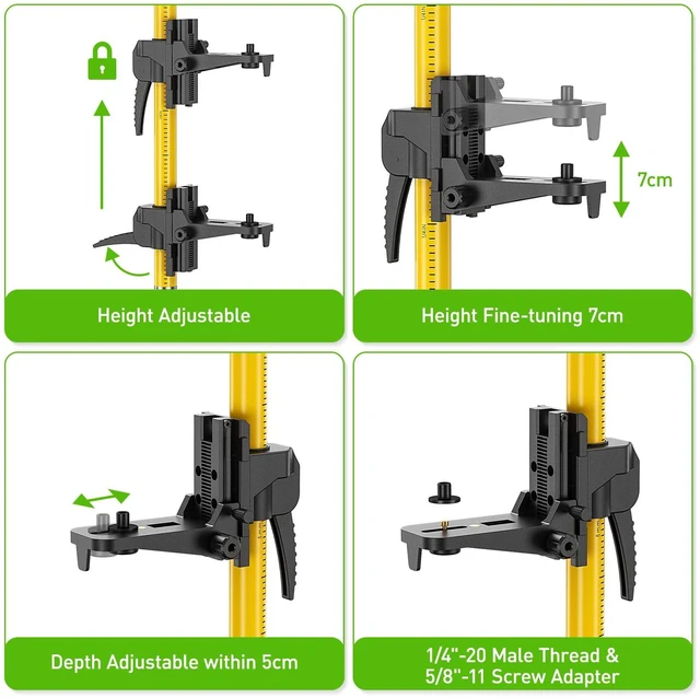 Alt view image 4 of 7 - 12 Ft./3.7M Professional Laser Level Pole with Tripod and 1/4-Inch by 20-Inch Laser Mount for Rotary and Line Lasers, Adjustable Telescoping Laser Pole with 5/8"-11 Threaded Adapter-LP36A