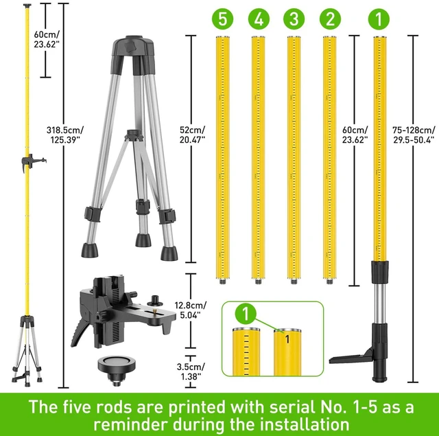 Alt view image 7 of 7 - 12 Ft./3.7M Professional Laser Level Pole with Tripod and 1/4-Inch by 20-Inch Laser Mount for Rotary and Line Lasers, Adjustable Telescoping Laser Pole with 5/8"-11 Threaded Adapter-LP36A