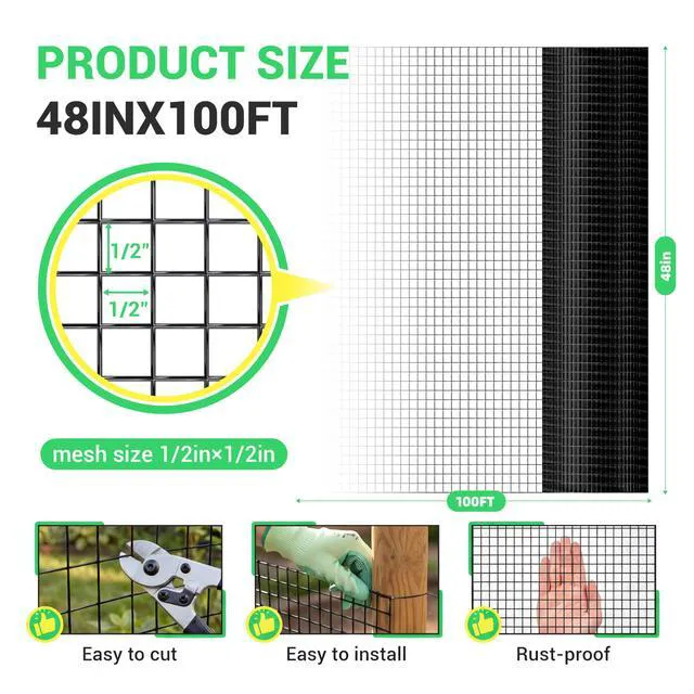 Alt view image 3 of 7 - 48 inch×100 ft Black Vinyl Coated Hardware Cloth, 19 Gauge 1/2 inch Black PVC Hardware Cloth, Welded Wire Fence Supports Poultry Netting Cage Fence