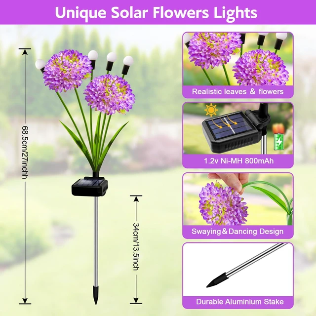 Alt view image 2 of 7 - Solar Garden Lights, 8 Pack Solar Purple Swaying Firefly Lights with Flowers, Waterproof Purple Halloween Flowers Light Outdoor for Garden Patio Yard Fall Decoration, Gifts for Women Mother's Day
