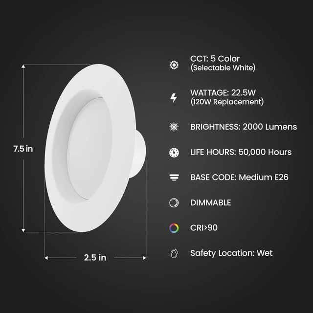 Alt view image 3 of 7 - 5/6in LED Recessed Downlight Retrofit Kit, 120W Eq, 4 Pack Dimmable, Adjustable White 2700K5000K, 2000 Lumens, Ideal for Larger Spaces or High Ceilings, E26 Adapter Included