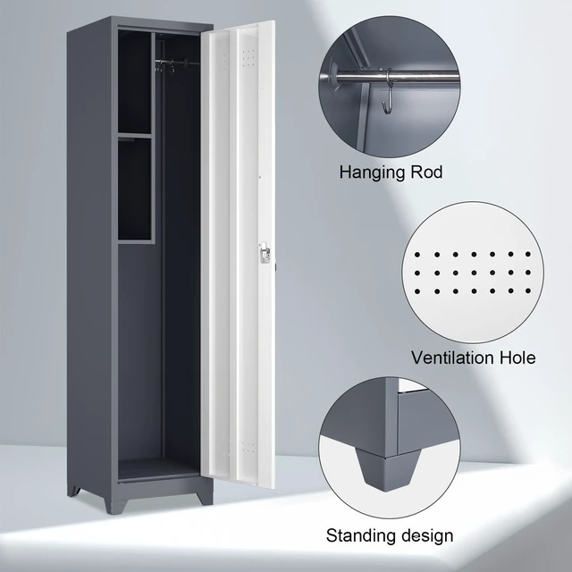 Alt view image 4 of 7 - Slim Utility Cabinet, 65H Bathroom Storage with Doors and Shelves Narrow Cleaning Cabinets with Locking Doors, Skinny Broom Closet for Garage, Home office, Dining Room, Grey