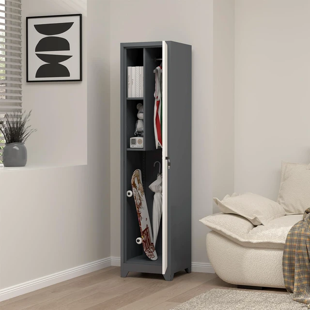Alt view image 6 of 7 - Slim Utility Cabinet, 65H Bathroom Storage with Doors and Shelves Narrow Cleaning Cabinets with Locking Doors, Skinny Broom Closet for Garage, Home office, Dining Room, Grey