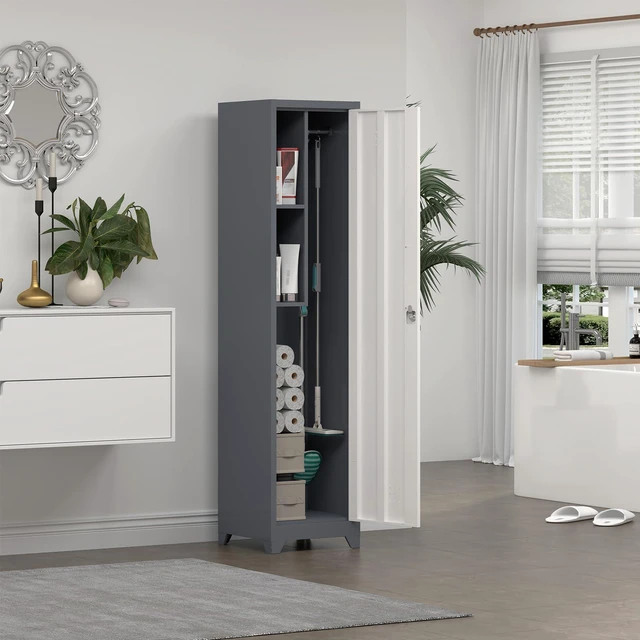 Alt view image 5 of 7 - Slim Utility Cabinet, 65H Bathroom Storage with Doors and Shelves Narrow Cleaning Cabinets with Locking Doors, Skinny Broom Closet for Garage, Home office, Dining Room, Grey