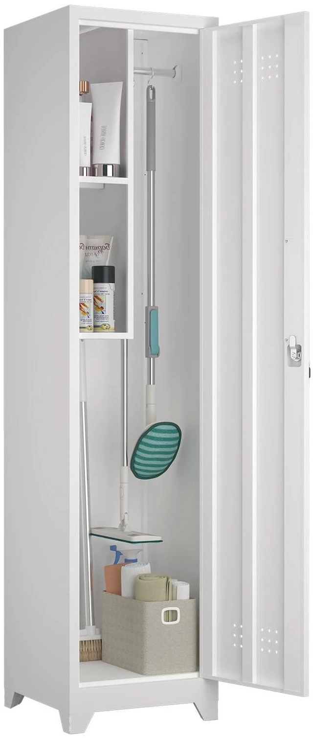 Main image of Slim Broom Storage Cabinets, Metal Cabinet with Shelves and Hanging Rod, 15.75" W Utility Storage Cabinet with Locking Door, Slim Cabinet for Small Spaces, Kitchen, Pantry, Office, Shop