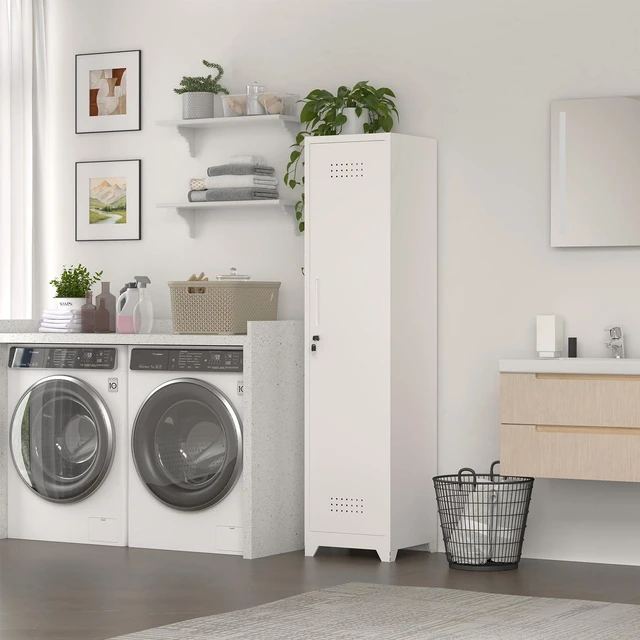 Alt view image 2 of 7 - Slim Broom Storage Cabinets, Metal Cabinet with Shelves and Hanging Rod, 15.75" W Utility Storage Cabinet with Locking Door, Slim Cabinet for Small Spaces, Kitchen, Pantry, Office, Shop