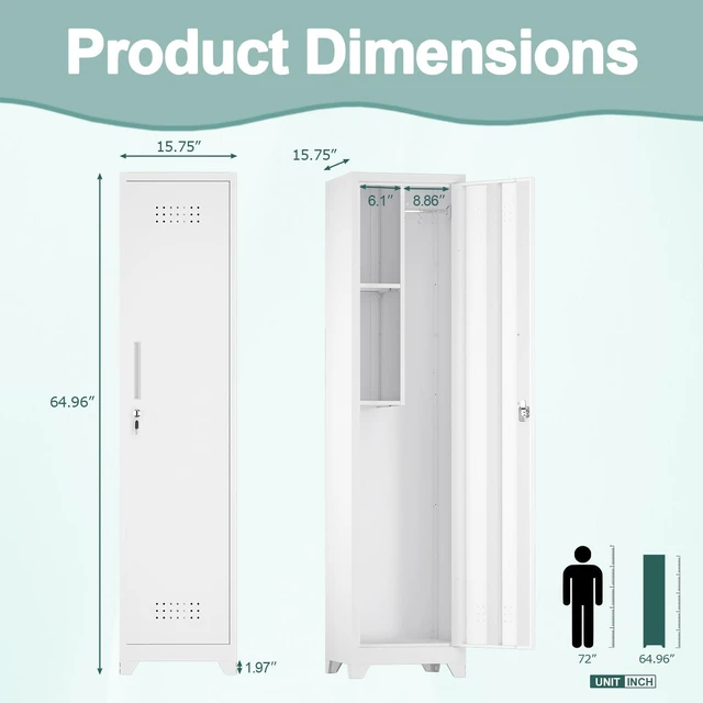 Alt view image 3 of 7 - Slim Broom Storage Cabinets, Metal Cabinet with Shelves and Hanging Rod, 15.75" W Utility Storage Cabinet with Locking Door, Slim Cabinet for Small Spaces, Kitchen, Pantry, Office, Shop