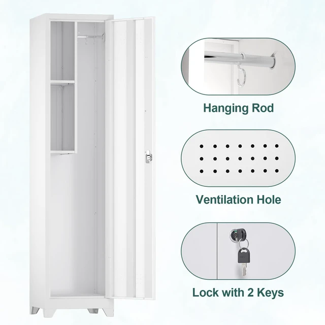 Alt view image 4 of 7 - Slim Broom Storage Cabinets, Metal Cabinet with Shelves and Hanging Rod, 15.75" W Utility Storage Cabinet with Locking Door, Slim Cabinet for Small Spaces, Kitchen, Pantry, Office, Shop