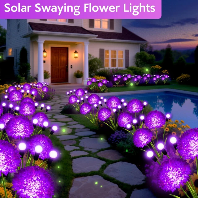 Alt view image 5 of 7 - Solar Garden Lights, 8 Pack Solar Purple Swaying Firefly Lights with Flowers, Waterproof Purple Halloween Flowers Light Outdoor for Garden Patio Yard Fall Decoration, Gifts for Women Mother's Day