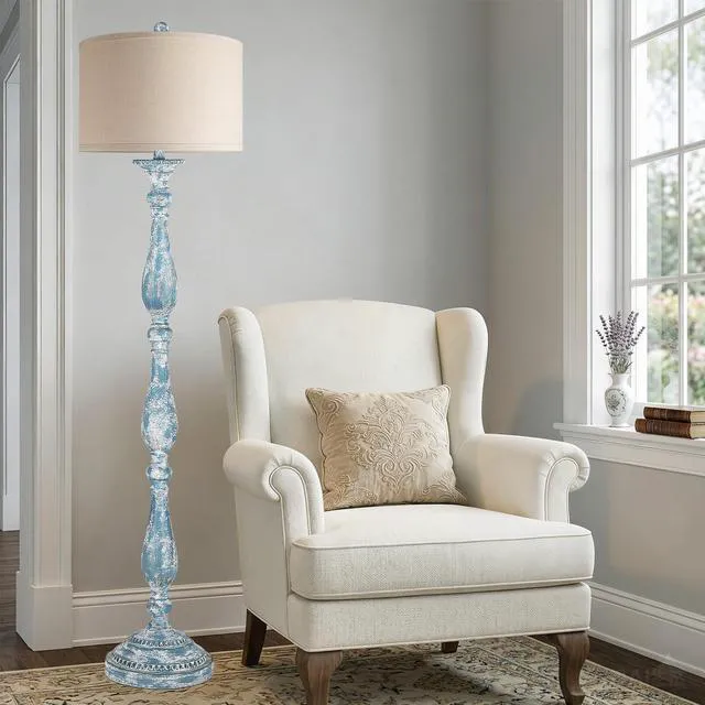 Main image of Vintage Floor Lamp for Living Room, Rustic Farmhouse Standing Lamp with Rotary Switch and Linen Shade, Retro Resin Floor Lamp for Bedroom, Corner, Dining Room, House Decor, Wash Blue
